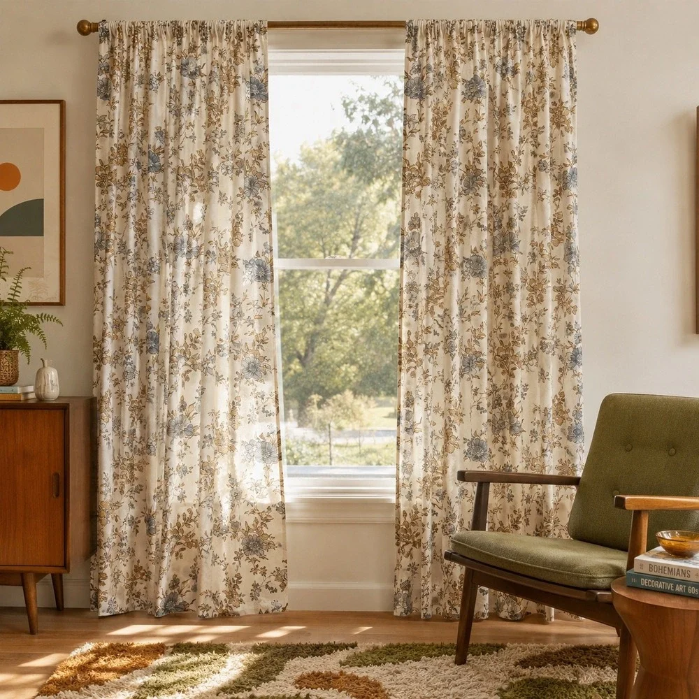 Vtg Floral Pinch Pleat Curtain Panel Brown White MCM Cottagecore 81